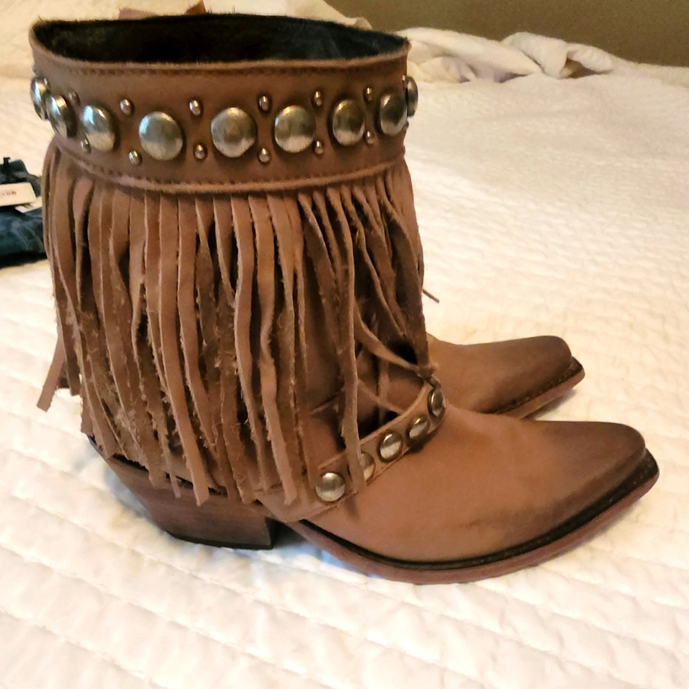 Leather fringe boots with tassels and fringe and conchos